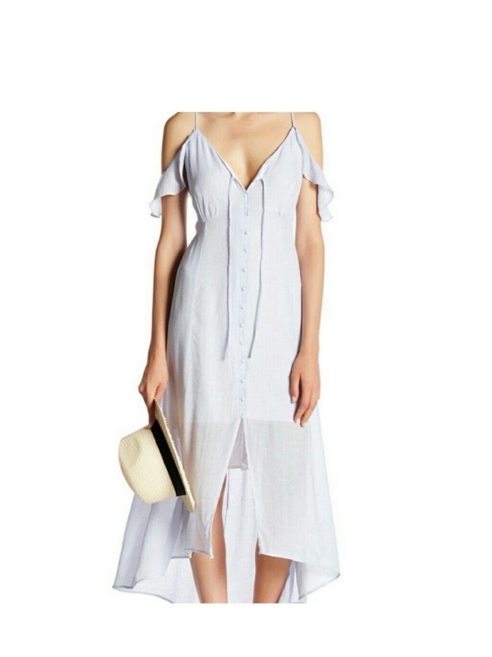 ASTR Light Blue Striped Button-Front Midi Dress Off The Shoulder